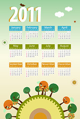 Image showing Calendar 2011 environmental retro planet with trees,birds,flower