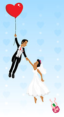 Image showing Just married black couple flying with a heart shaped balloon