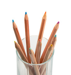 Image showing Set of multicolored wood pencils in glass.