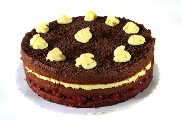 Image showing Chocolate cake with sour cherries and pudding