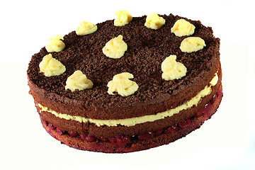 Image showing Chocolate cake with sour cherries and pudding