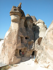 Image showing Children exploring the fairy chimney houses at Cappadocia, Turkey
