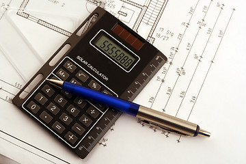 Image showing Calculating Cost with and blueprint.,