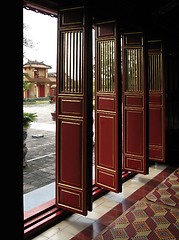 Image showing Doors, with view of courtyard and gate in Forbidden Purple City, Hue, Vietnam