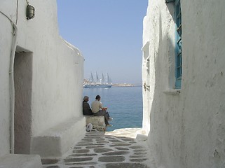 Image showing Men relaxing at seaside house, Mykonos, Greece