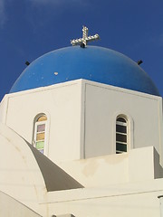 Image showing Blue dome, blue sky.  Santorini, Greece.