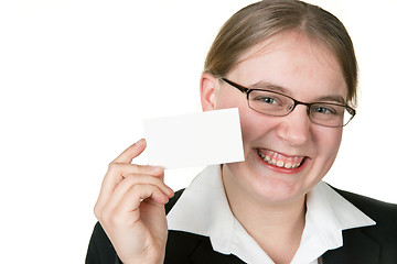 Image showing business woman holding businesscard