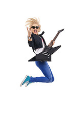 Image showing woman guitarist jumps