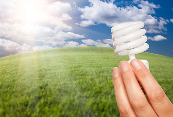 Image showing Female Hand with Energy Saving Light Bulb Over Field