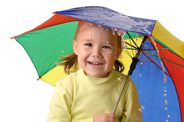 Image showing Cute child catching raindrops under umbrella