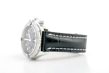 Image showing luxury watch, black leather and white gold
