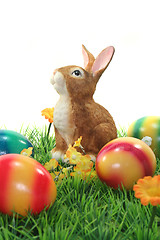 Image showing Easter bunny with eggs on a lawn