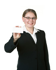 Image showing young woman with business card 