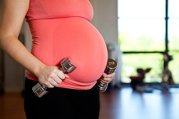 Image showing Pregnant woman holding dumbbells