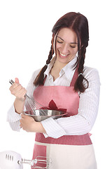 Image showing beautiful housewife preparing with egg beater 