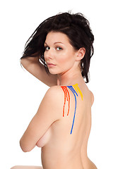 Image showing Beautiful woman with color paint on her shoulder