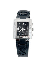 Image showing black leather and white gold watch