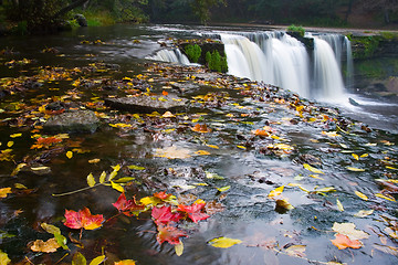 Image showing Waterfall with red leafs