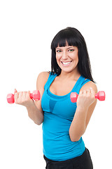 Image showing Extremely happy woman with dumbbells