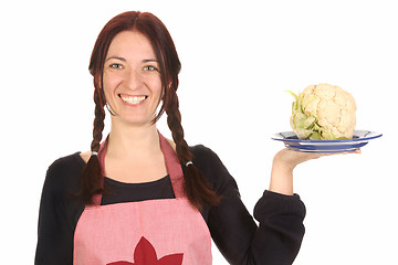 Image showing housewife holding plate with cauliflower