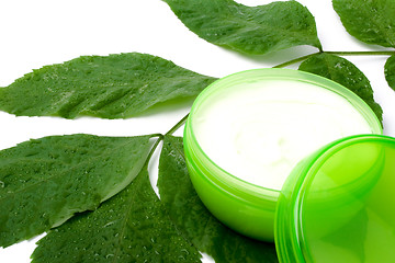 Image showing face cream with green leaf 