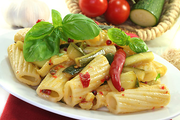 Image showing Noodles with fiery chili and zucchini