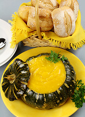 Image showing Pumpkin Soup With Bread Rolls