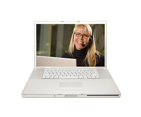 Image showing Pretty Woman with Headset on Laptop