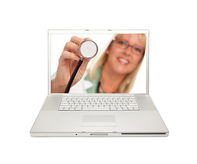 Image showing Female Doctor with Stethoscope on Laptop Screen