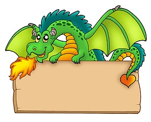 Image showing Giant green dragon holding board