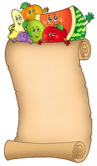Image showing Cartoon fruits holding old scroll