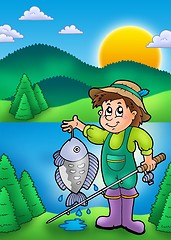 Image showing Small fisherman with fish