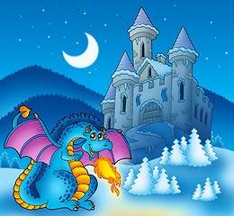 Image showing Big blue dragon with winter castle