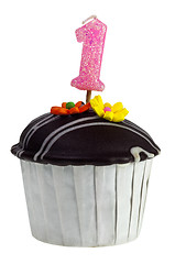 Image showing Cupcake with birthday candle for one year old