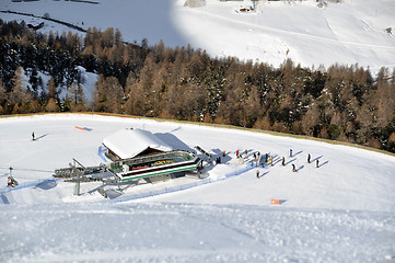 Image showing View down ski slope on chairlift station