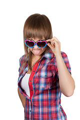 Image showing Portrait beautiful girl in sunglasseses shows 