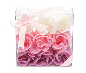 Image showing Fabrics rose in transparent gift to box