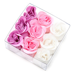 Image showing Fabrics rose in transparent gift to box