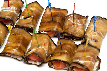 Image showing Stuffed eggplants on toothpick