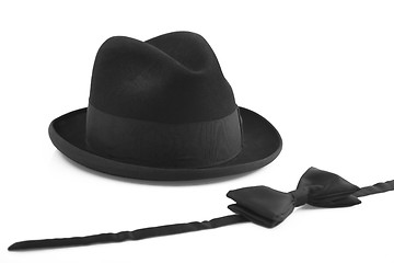 Image showing black vintage hat and bow-tie on white background