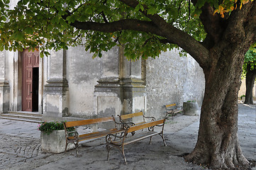 Image showing Old church benches