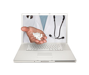 Image showing Doctor Handing Pills Through Laptop Screen