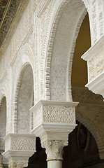 Image showing Details of decorated arches in the main patio of Casa de Pilatos