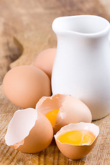 Image showing brown eggs and some milk