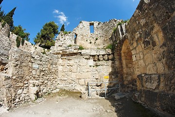 Image showing Wall of the ruins of Byzantine church near St. Anne Church and pool of Bethesda in Jerusalem 