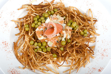 Image showing Closeup of salad with salmon fish