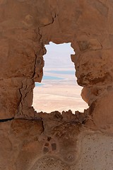 Image showing Dead Sea landscape through window