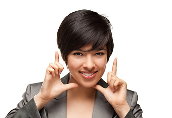 Image showing Pretty Smiling Multiethnic Young Adult Woman Framing Face with H