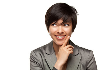 Image showing Pretty Smiling Multiethnic Young Adult Woman with Eyes Up and Ov