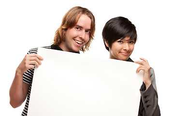 Image showing Attractive Diverse Couple Holding Blank White Sign